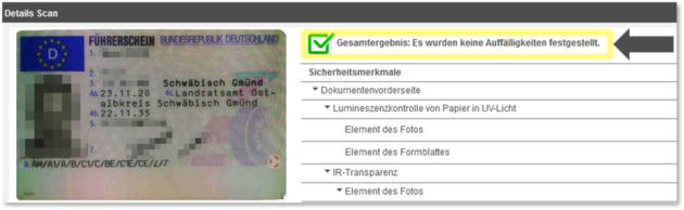 Das Ergebnis der Echtheitsprüfung der Sicherheitsmerkmale wie Hologramme, UV- und Infrarot Symbol kann im Detail eingesehen werden. Im gezeigten Beispiel wurden alle Merkmale erfolgreich geprüft und es wurden keine Auffälligkeiten festgestellt.