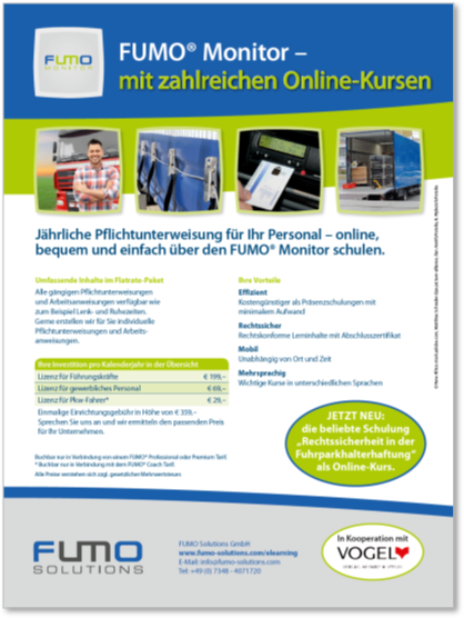  Jährliche Pflichtunterweisung für Ihr Fahrpersonal, Arbeitsanweisungen und Management-Kurse – ab sofort online, bequem und einfach über den FUMO® Monitor schulen.